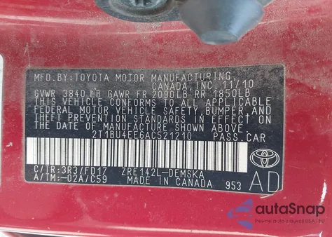 2010 Toyota Corolla S z USA, uszkodzony, nr VIN 2T1BU4EE6AC521210